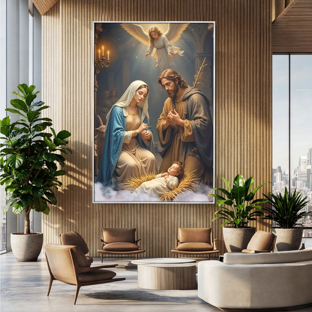Tablou canvas cu tablou canvas cu sfanta familie si inger, in rama de aluminiu argintiu, pe perete intr-un birou